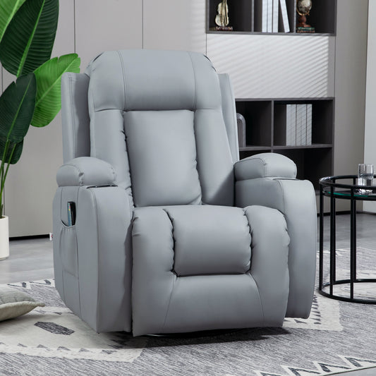 Massage Recliner Chair with 8 Vibration & Heat, PU Leather Recliner Armchair W/ Cup Holders, Side Pockets, Manual Reclining Chair, Light Grey