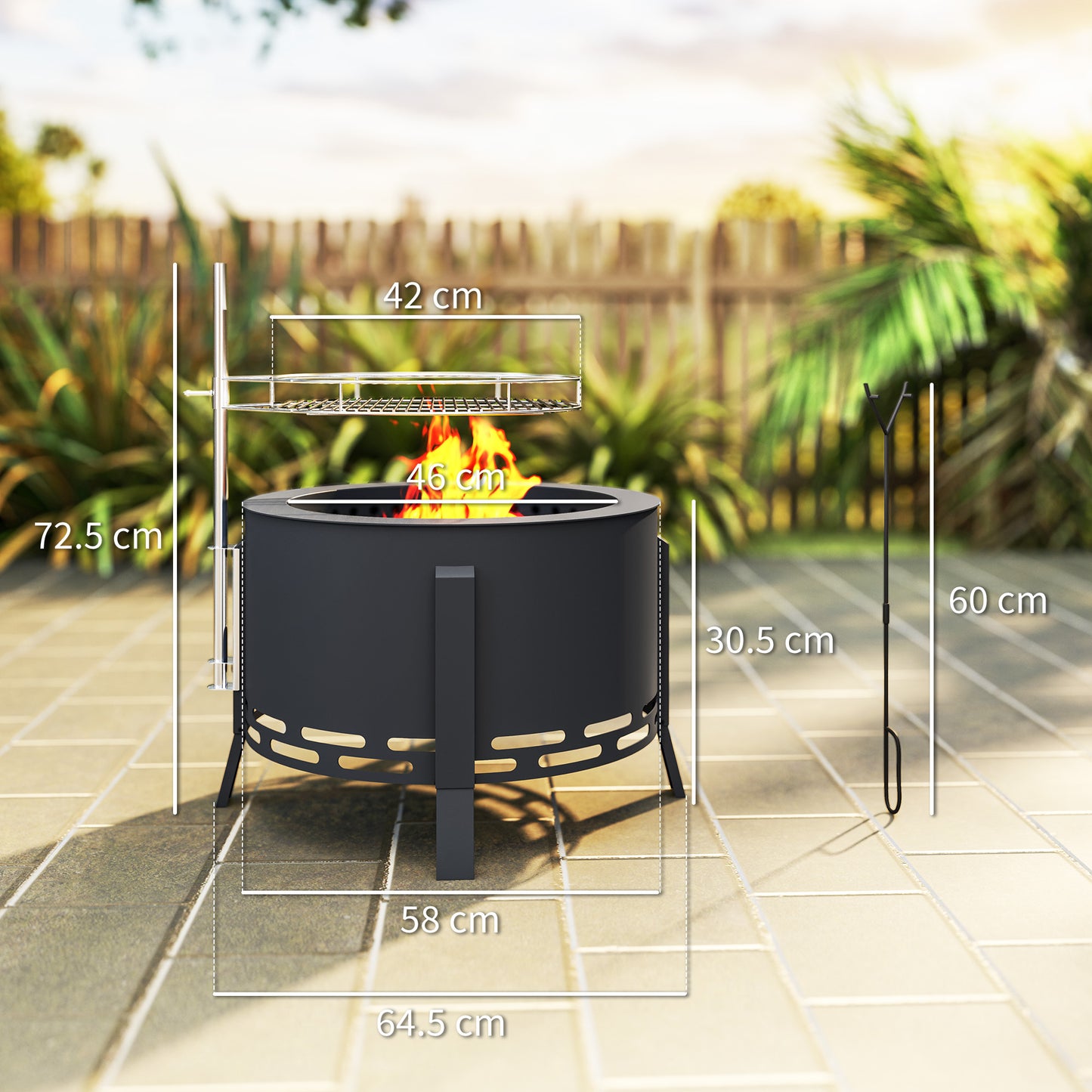 Portable Fire Pit, 58 cm Round Firepit with Grill Grate, Fire Bowl with Ash Catcher and Poker, Fire Pit BBQ for Garden Camping Bonfire Picnic, Black