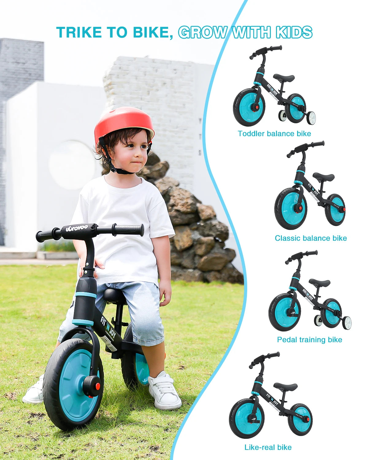 UBRAVOO Fit 'n Joy Beginner Toddler Training Bicycle For Boys Girls Age 2 - 4, 4-in-1 Kids Balance Bike With Pedals & Training Wheels Stabilisers
