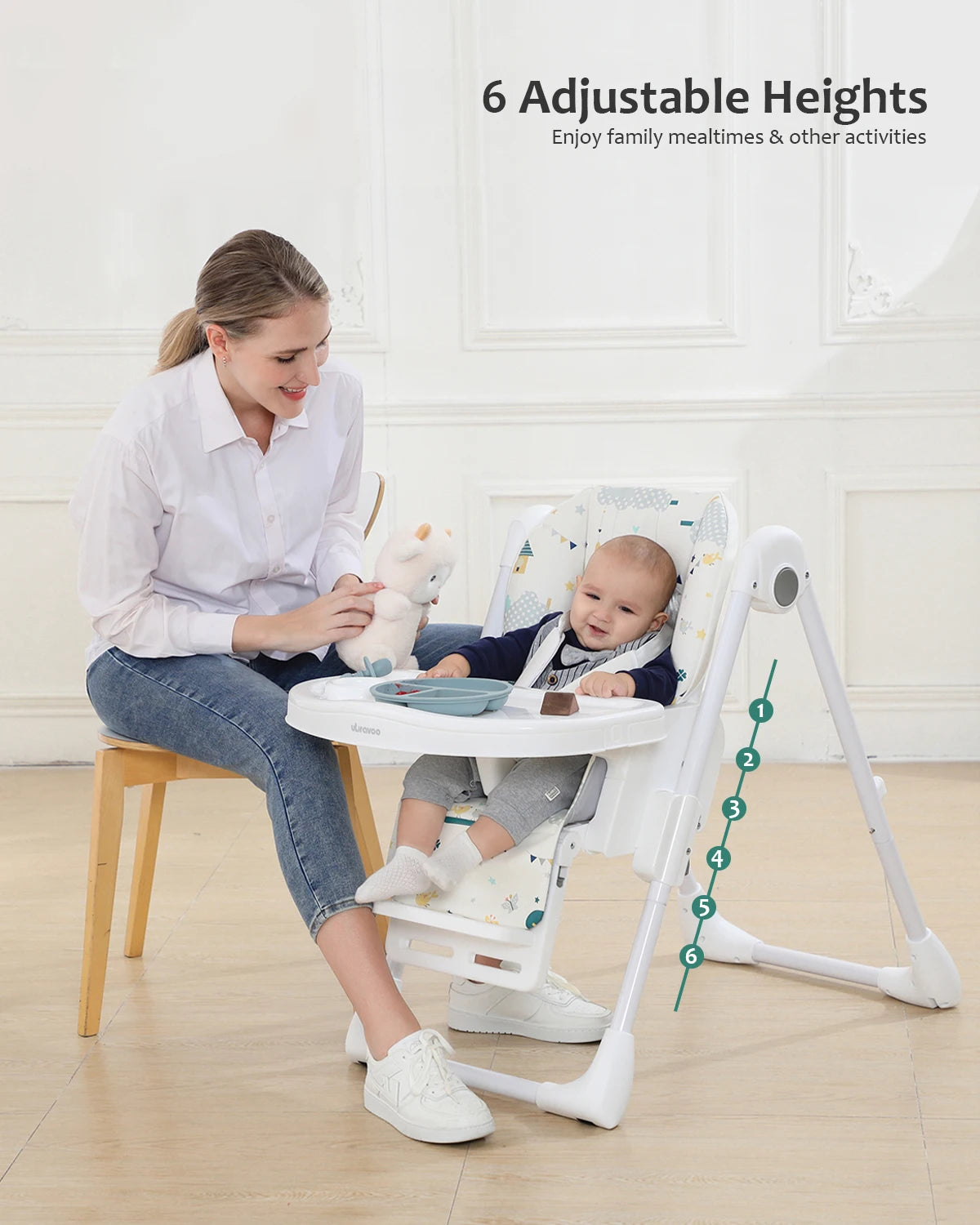 UBRAVOO Baby Foldable Highchair 0 Months Plus Fantasy Realm, Reclining, Double Tray (Animal World)