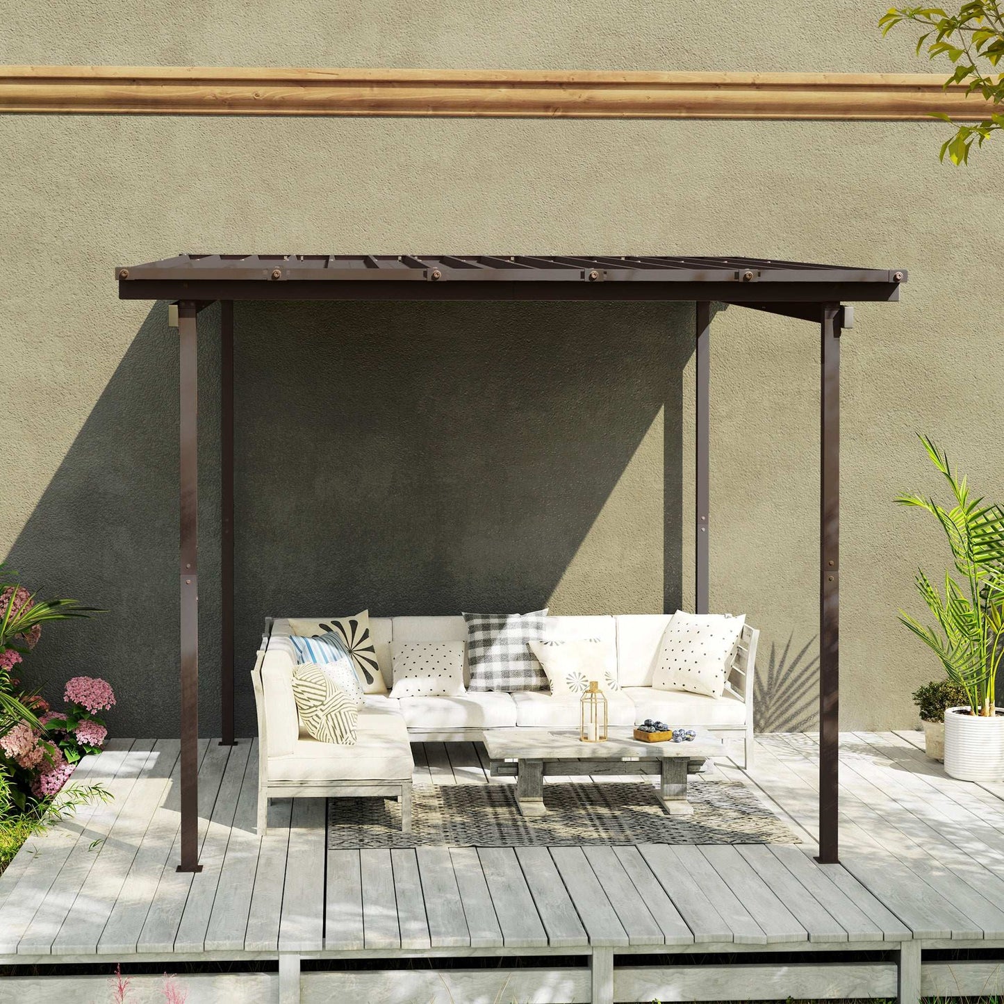 3 x 3(m) Garden Pergola with Waterproof Metal Roof, Lean to Pergola Hardtop Gazebo, Wind-resistant Outdoor Sun Shade, Easy to Assemble