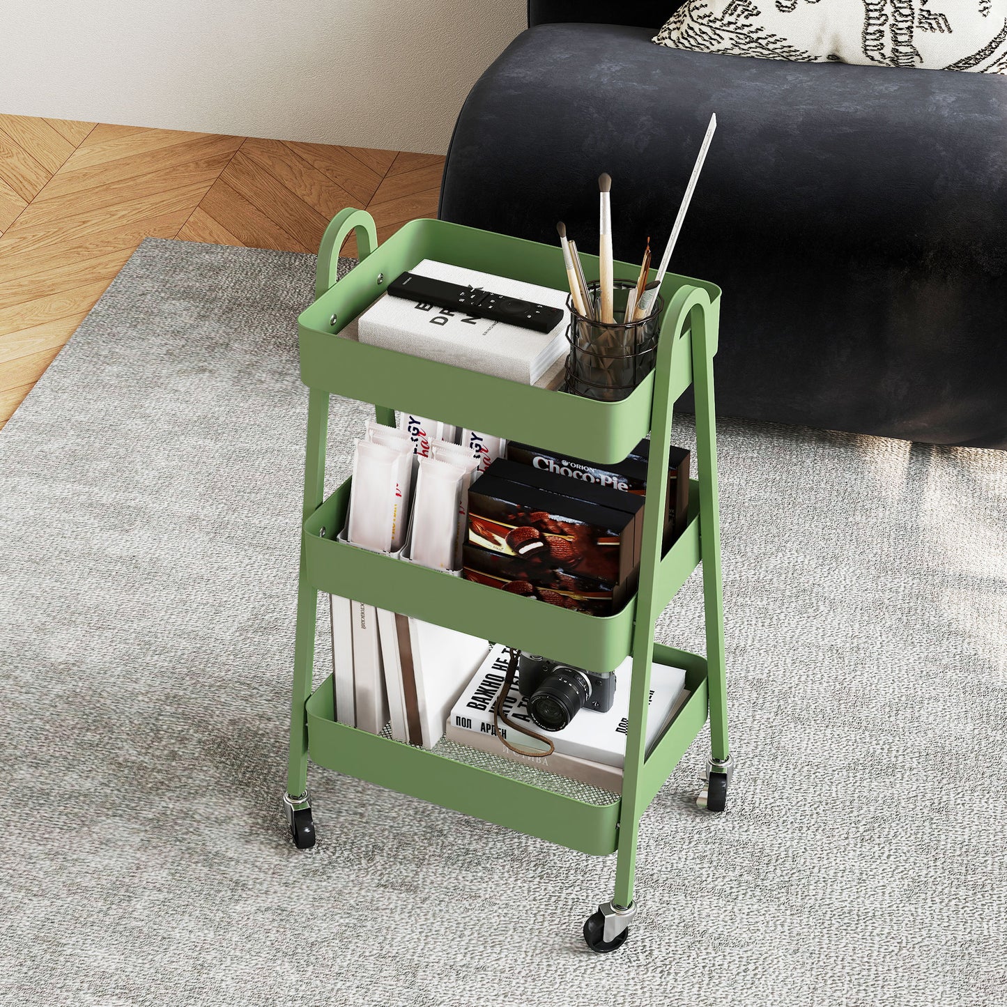 Three-Tier Storage Cart Trolley - Green / Pink