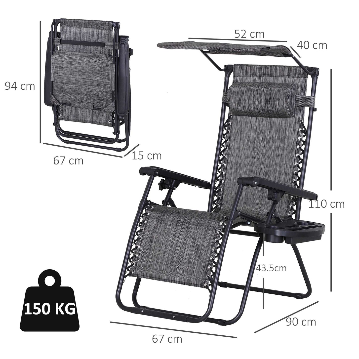 2 Piece Foldable Reclining Garden Chairs with Headrest, Zero Gravity Deck Sun Loungers Seat Chair with Footrest, Armrest, Cup Holder & Canopy Shade