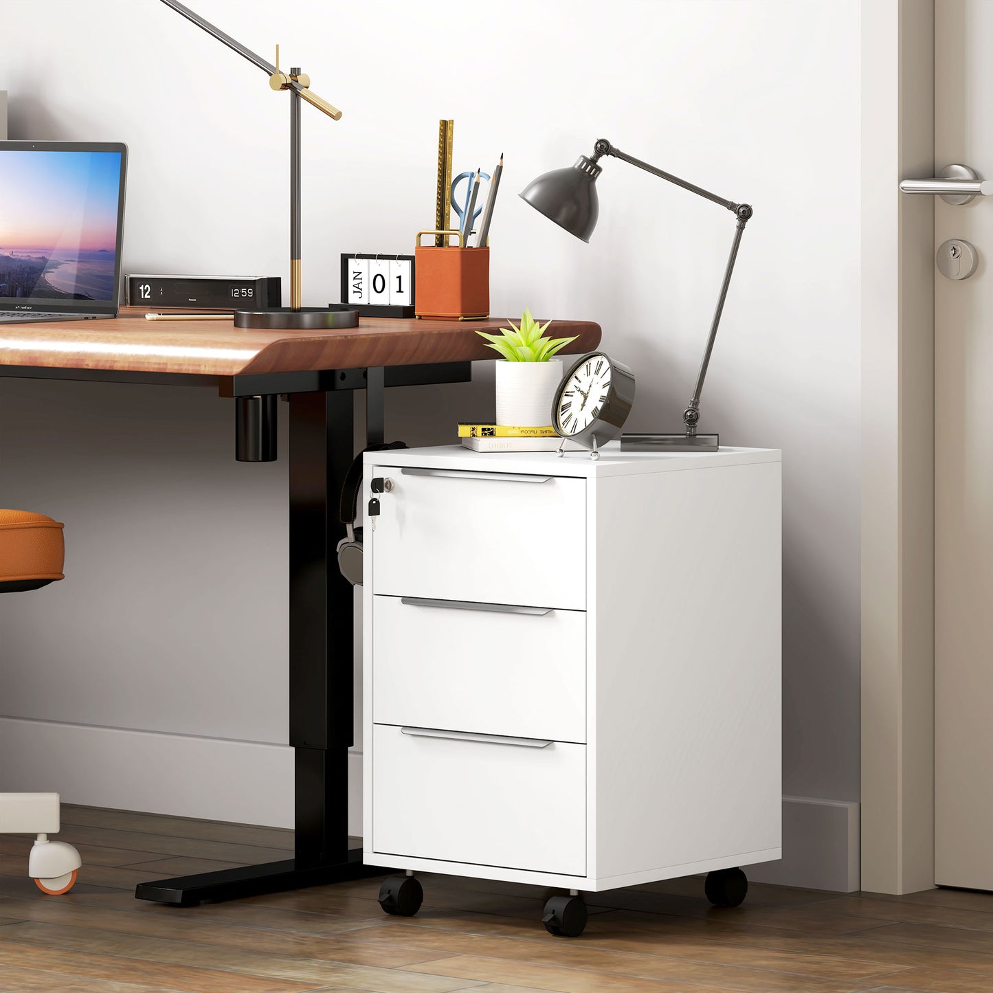 Three-Drawer Locking Filing Cabinet - White