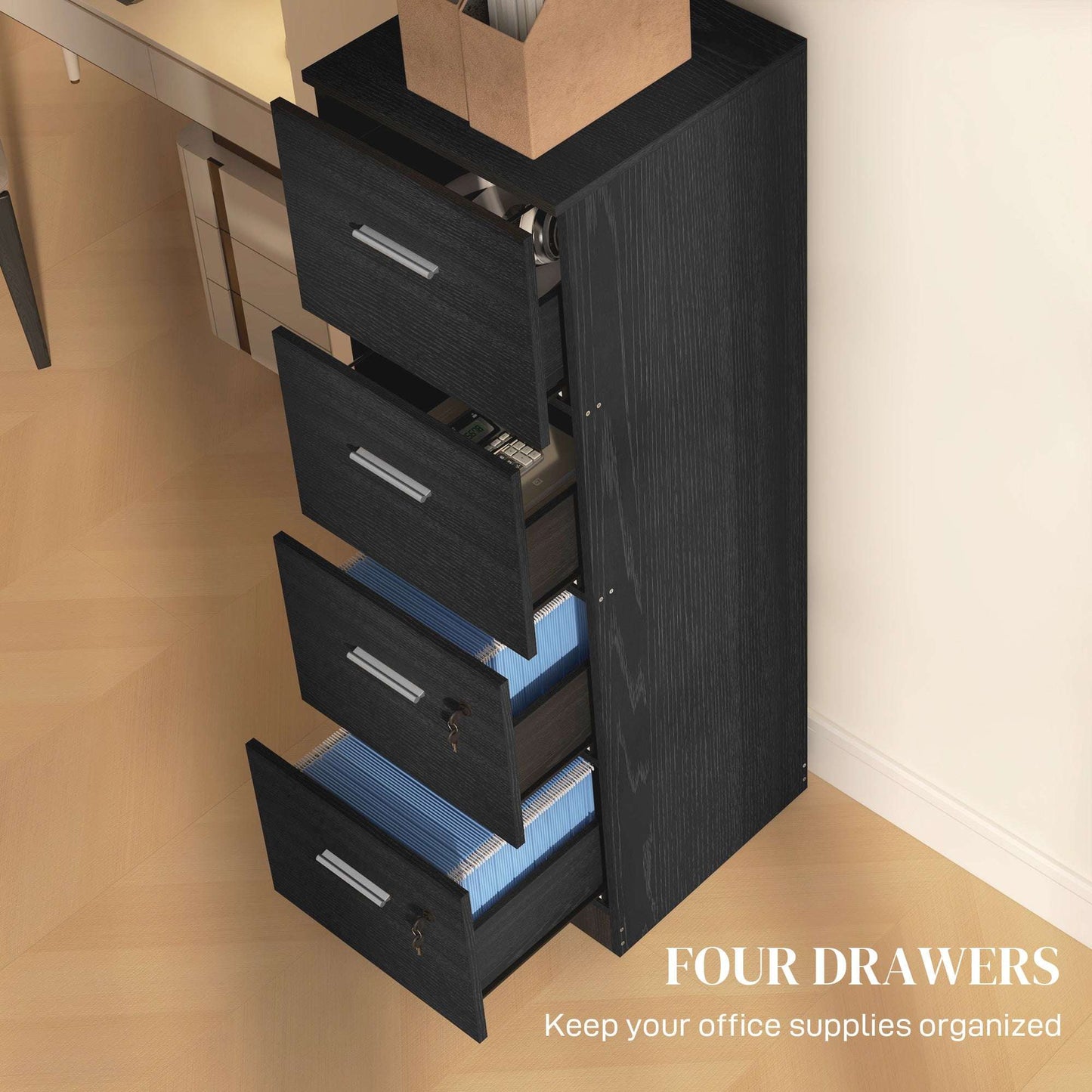 Four-Drawer Lockable Filing Cabinet - Black / White Ash Wood Effect