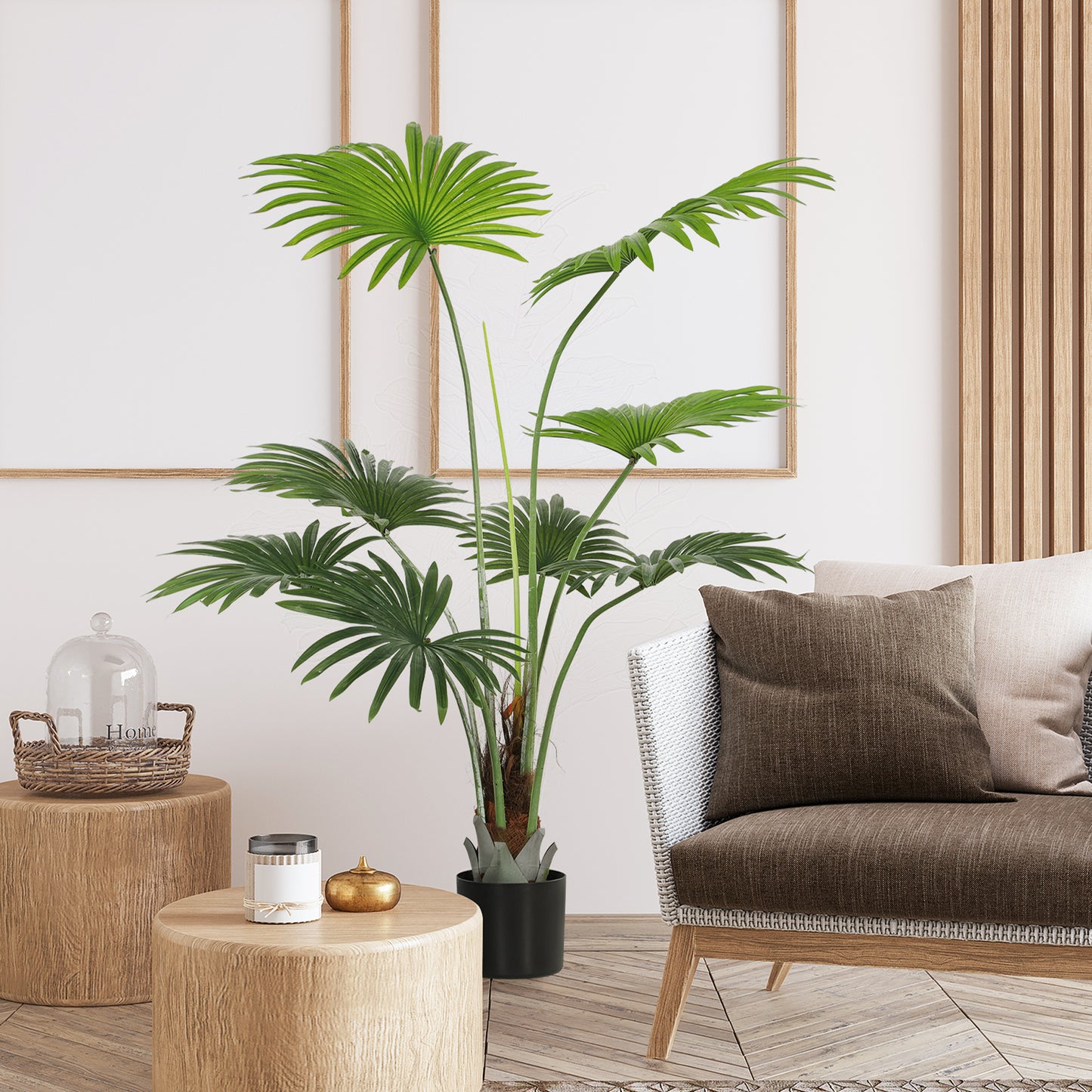 145cm Artificial Palm Tree, Decorative Artificial Plant with Lifelike PEVA Leaves and Coconut Coir, Fake Tree with Plastic Pot and Flocking