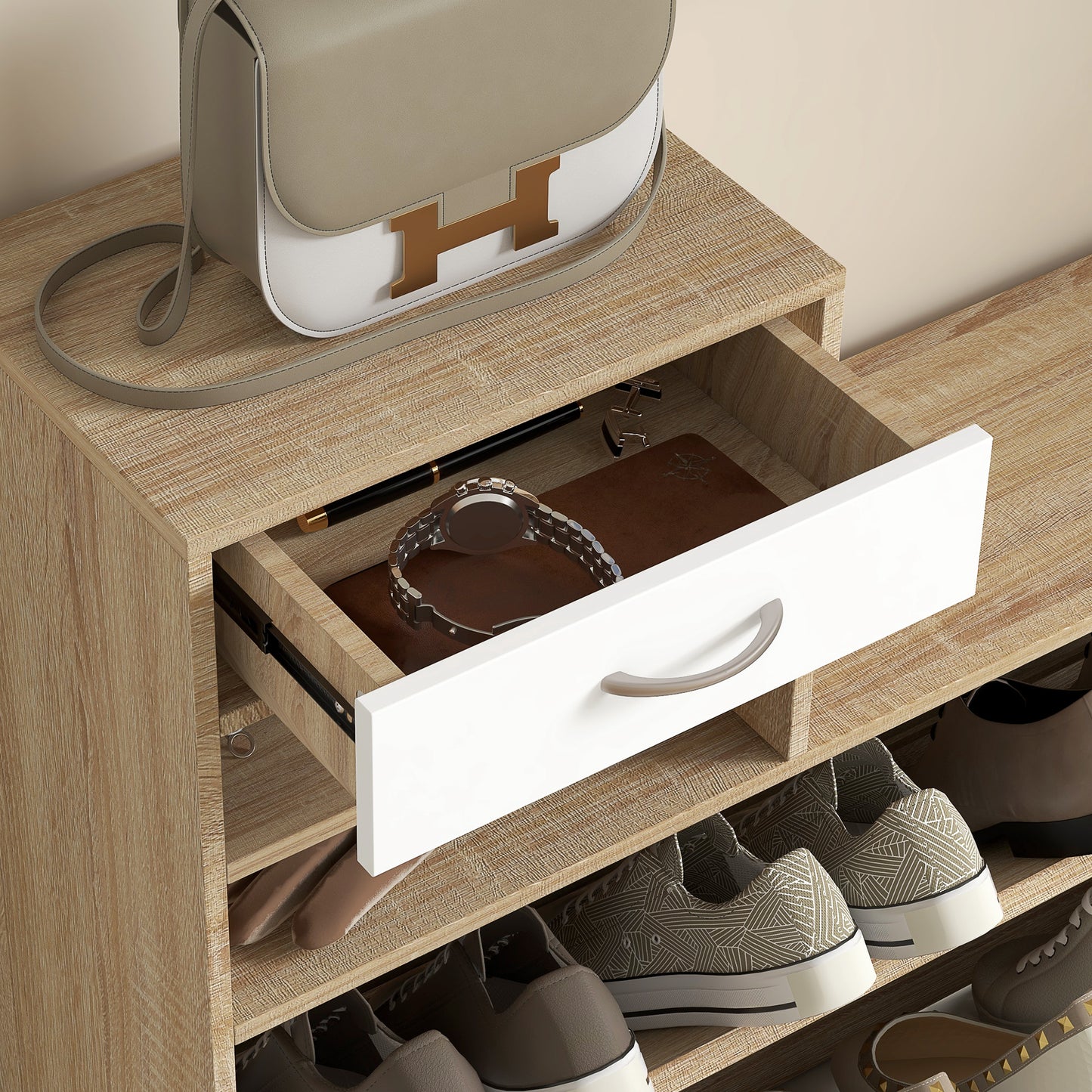 Three-in-One Hallway Storage Set - Natural Wood Finish/White