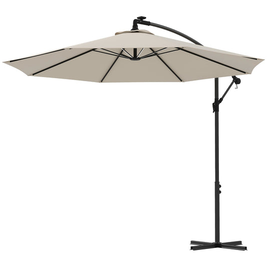3(m) Cantilever Parasol with Solar LED Lights, Garden Umbrella with Cross Base and Crank Handle, Hanging Offset Banana Sun Shade for Outdoor, Patio