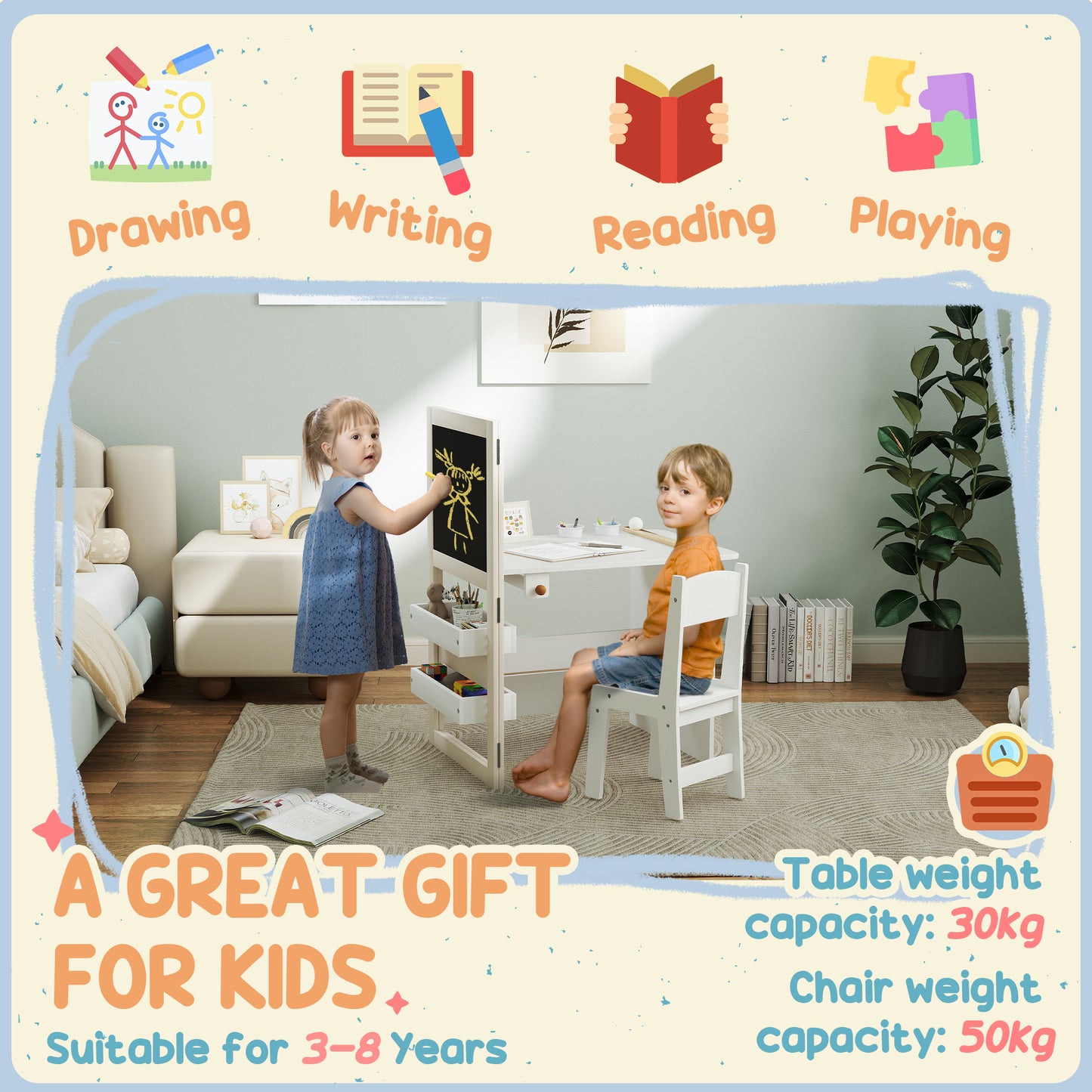 AIYAPLAY 3 in 1 Kids Table and Chair Set with Storage, Whiteboard, Blackboard & Roll Paper for 3-8 Years, White