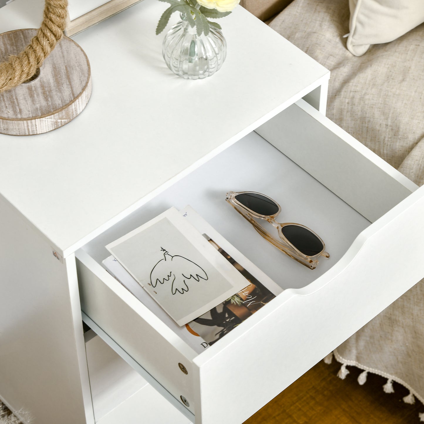 Set of 2 Bedside Tables | 3 Drawer Nightstand | Pine Legs | White