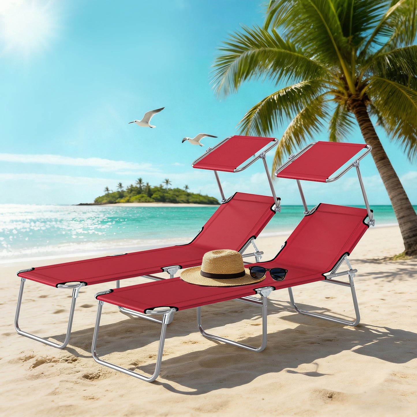 Set of 2 Folding Sun Loungers | 4 Position Adjustable Back | Oxford Fabric | Powder Coated Steel | Portable | 120kg | Red