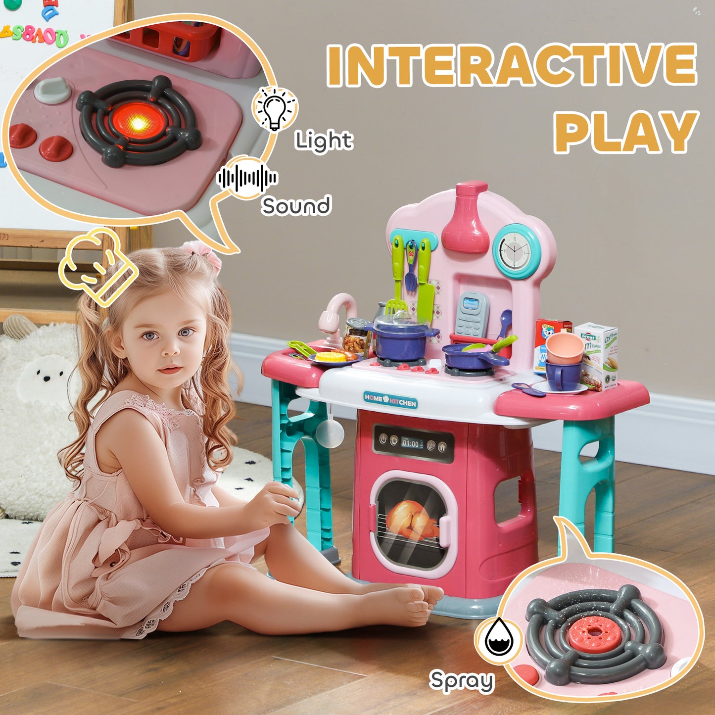 Toy Kitchen, 45 Pieces Kids Kitchen with Rotating Side Tables, Toddler Pretend Role Play W/ Light, Sounds, Spray Effect for Children 3-6 Years, Pink