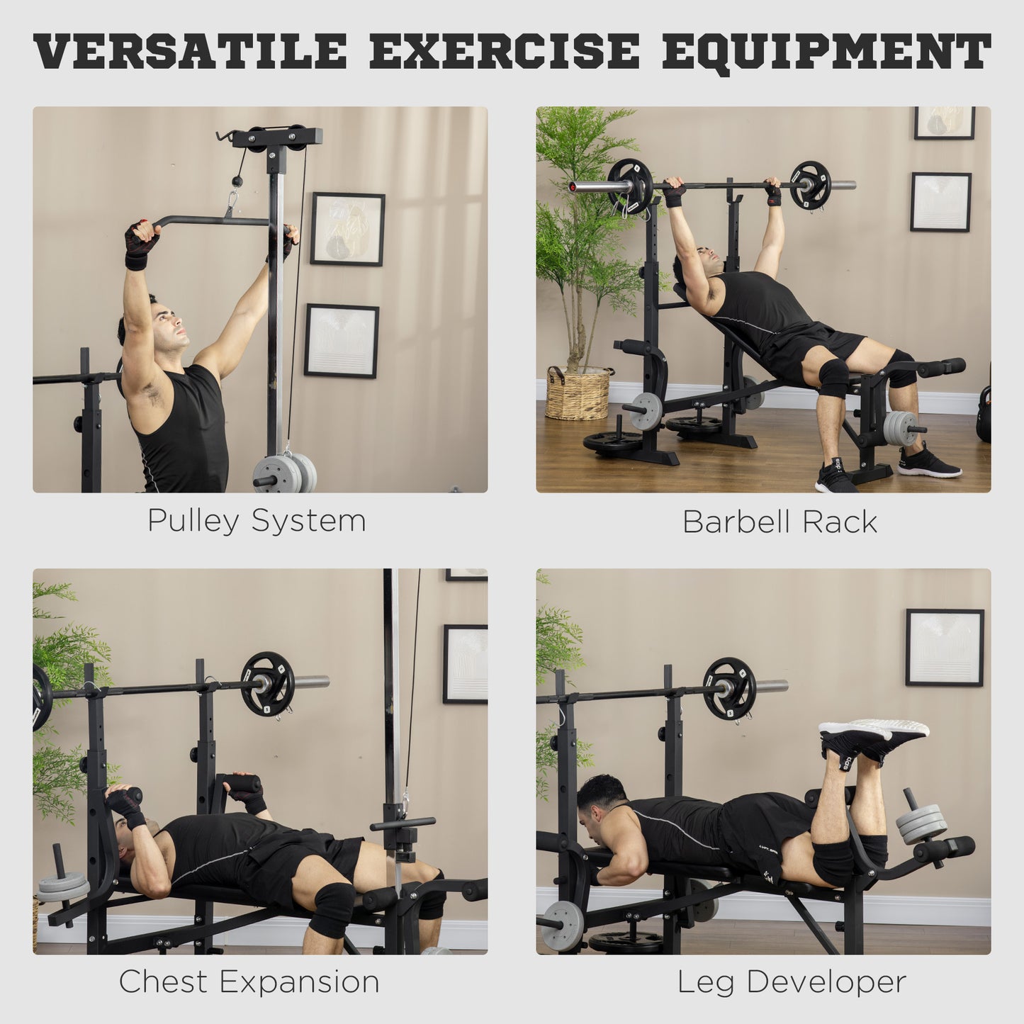Adjustable Weight Bench with Pulley System, Incline Bench Press Set with Squat Rack, Leg Developer, Butterfly and Weight Storage, for Full Body Workout
