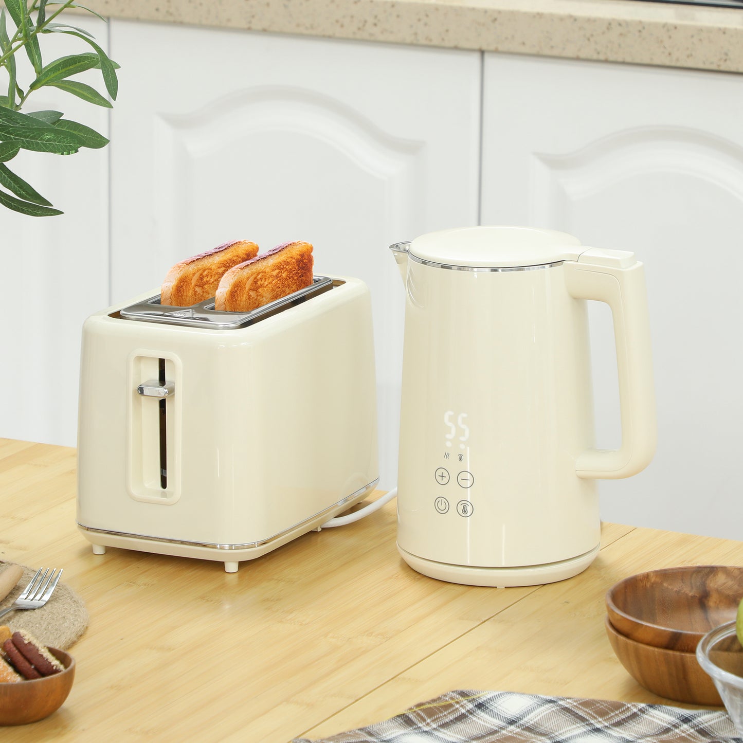 Digital Kettle and Toaster Set, 1.5L 3000W Fast Boil Kettle, 2 Slice Toaster Kitchen Set with 7 Level Browning Controls, Defrost, Reheat, Keep Warm, and LED Touch Display