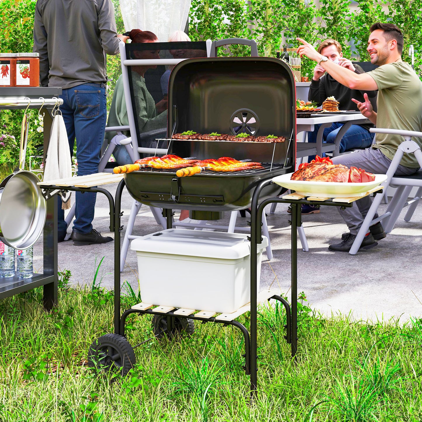Charcoal Barbecue Grill Portable BBQ Grill with 1840 cm² Cooking Area, 3 Shelves, Adjustable Vent, Wheels for Outdoor Cooking, Garden Party
