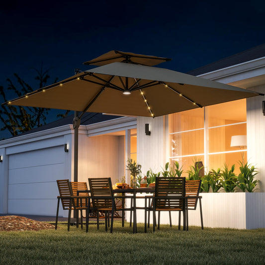 Outsunny 3.5x3 m Garden Cantilever Parasol with Solar LED Lights and Centre Light, Aluminium Large Square Patio Umbrella, UPF50+ Hanging Sun Shade with Cross Base