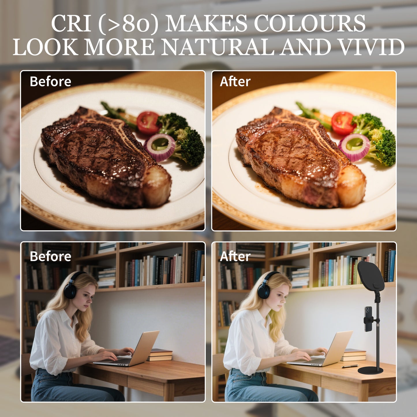 Selfie Light for Video Conference Lighting, Dimmable Desk Lamp with Stand Phone Holder, 5 Colour Modes & 10 Brightness Levels, Memory Function Recording, Video Calls