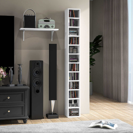 204 CD Storage Unit, DVD Storage Tower with 12 Cubes, 175cm Tall Bookcase for Living Room, Home Office, Study Room, White