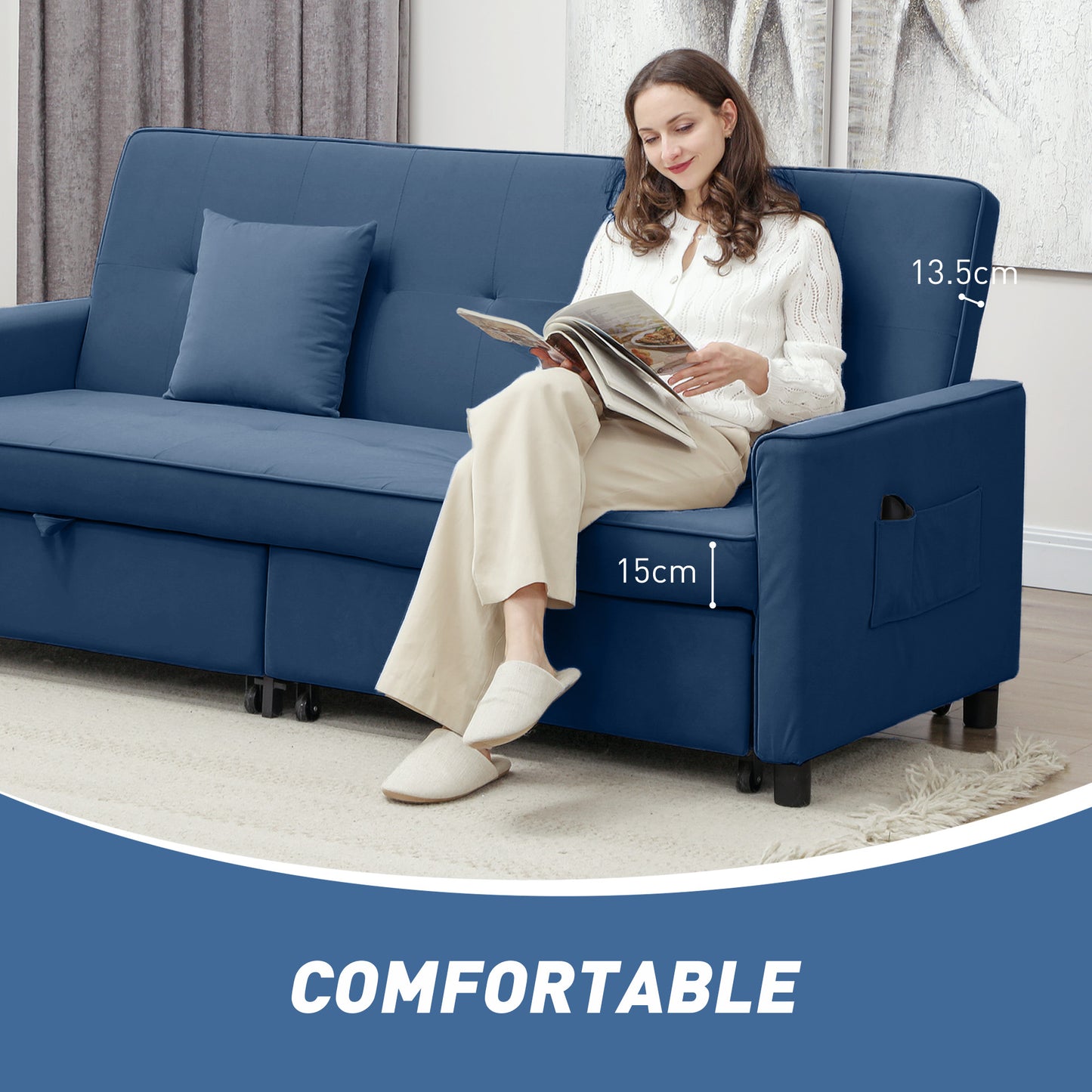 Three-Person Velvet-Feel Sofa Bed - Blue