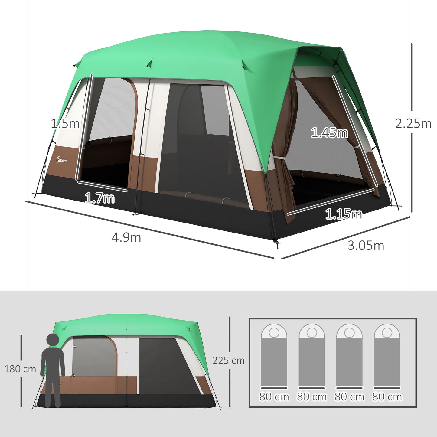 Outsunny Seven-Man Camping Tent, with Small Rainfly and Accessories - Green