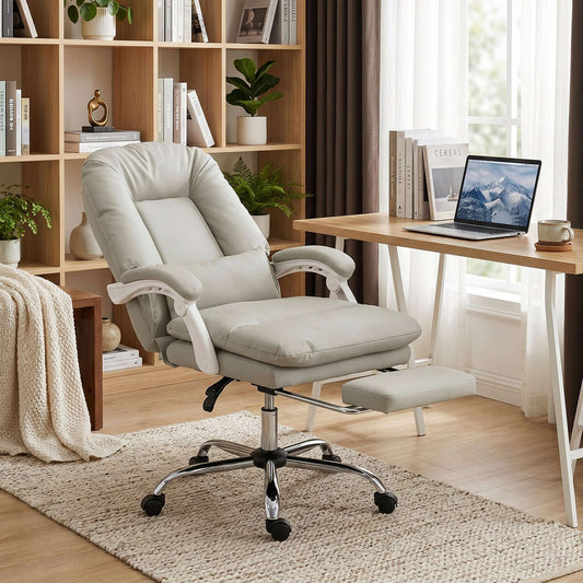 Ergonomic Executive Reclining Office Chair | 155° Recline | Retractable Footrest | Lumbar Pillow & Headrest | 16.5cm Seat Cushion | EN1335 & BS5852 Certified | 120kg Capacity | Khaki