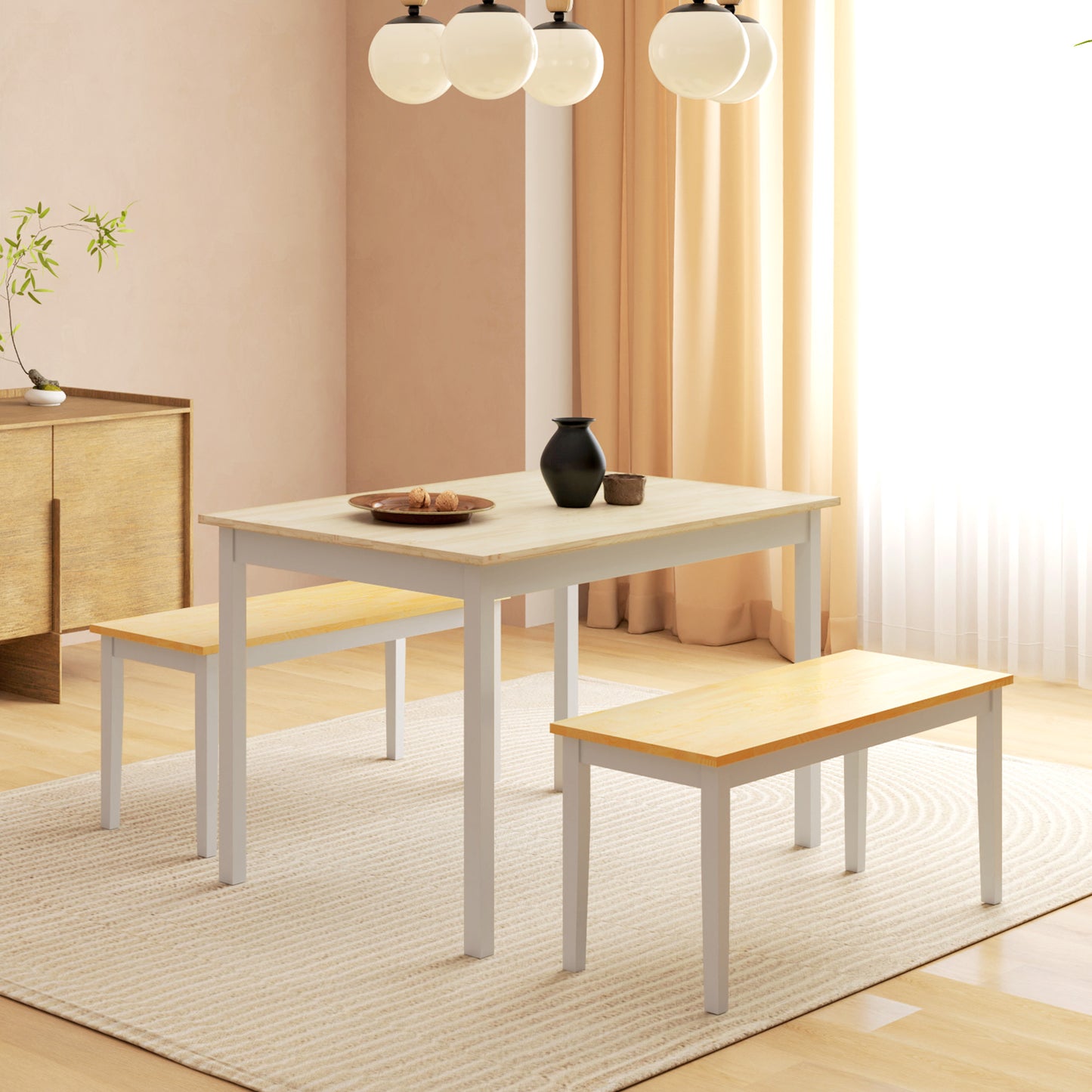Dining Table and Bench Set, Farmhouse Kitchen Table and Bench with Wooden Frame for Living Room, Dining Room, Natural and White