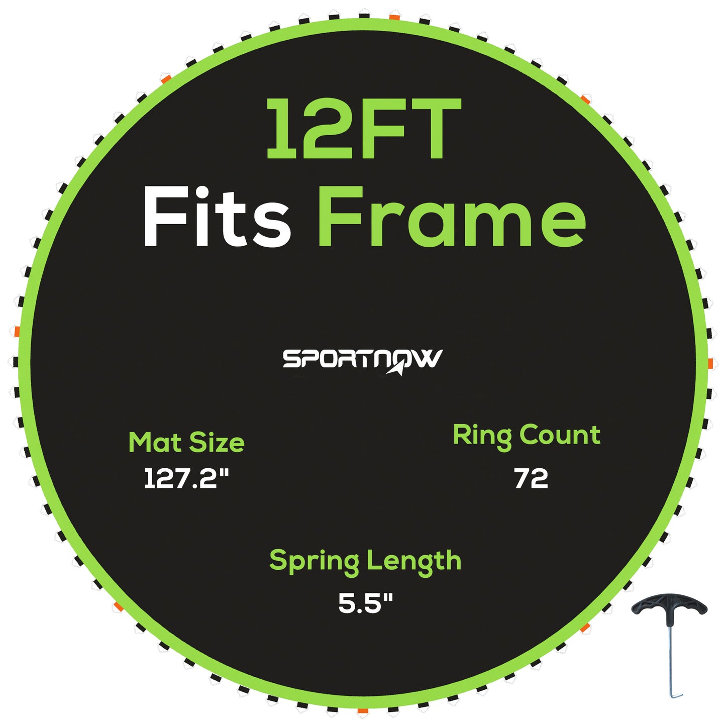 SPORTNOW Replacement Trampoline Mat with Spring Pull Tool, 72 V-Hooks, for 12ft Trampoline using 14cm Springs, Orange / Green