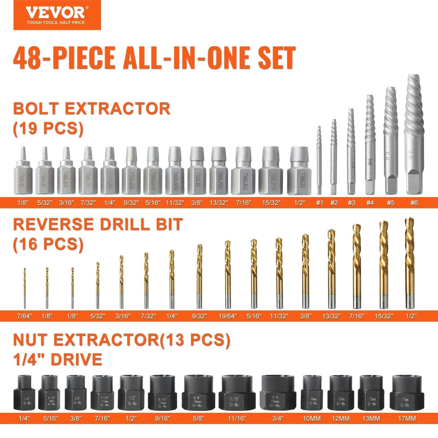48 Piece Bolt Screw Extractor Set 13 PCS, Bolt Extractor Set 19 PCS Screw Extractors 16 PCS Reverse HSS Drill Bits