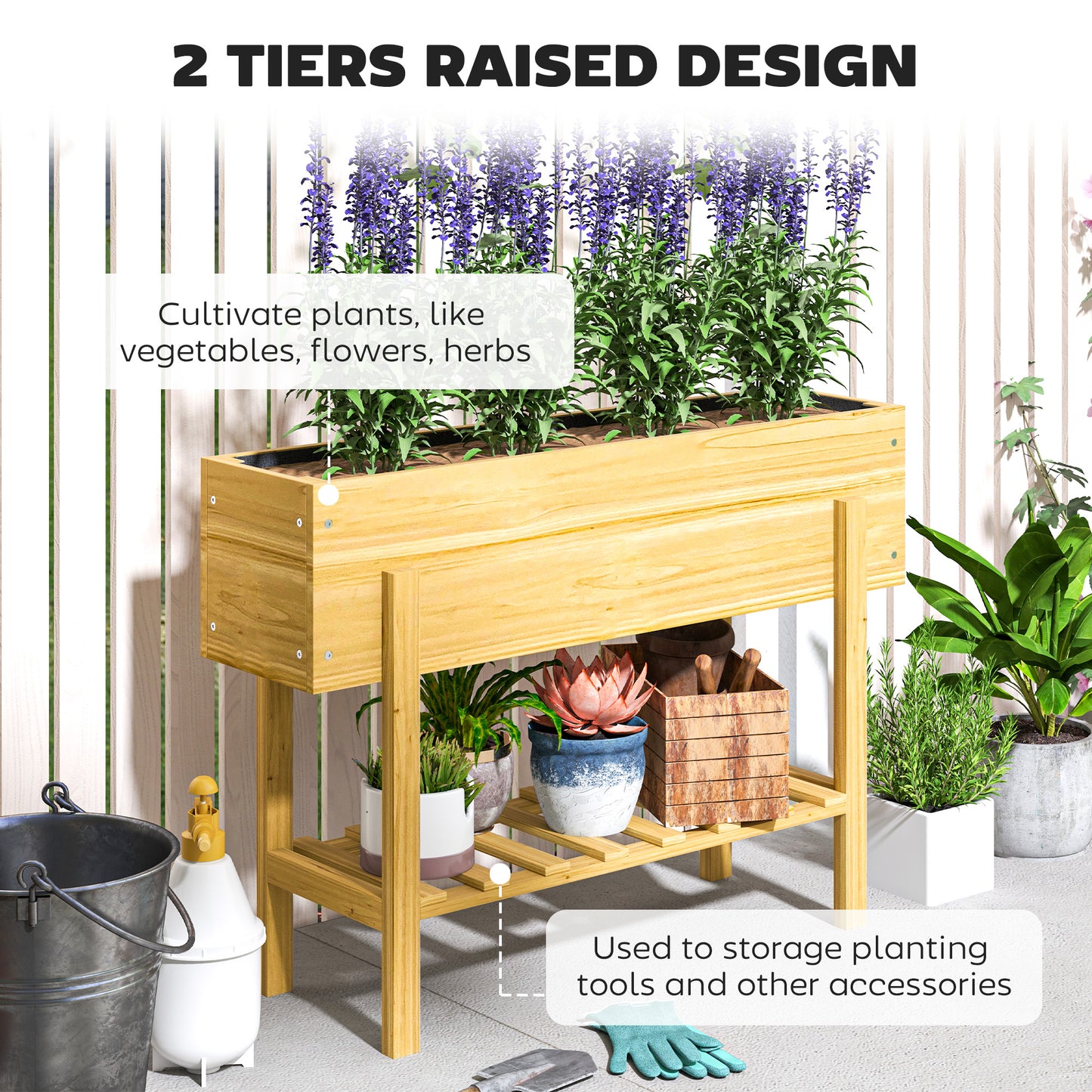 Wooden Raised Garden Bed, Elevated Planter Box with Bed Liner, Drainage Holes and Storage Shelf, Raised Planter for Vegetables, Flowers, Herbs, Natural Wood Finish