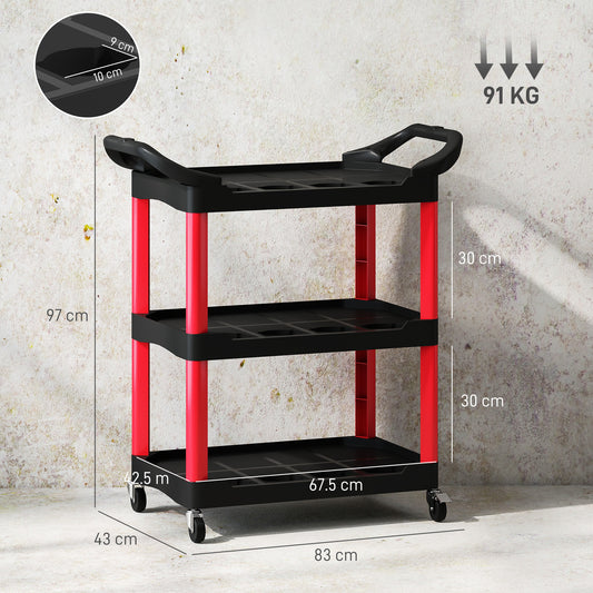 3-Tier Rolling Tool Cart, Tool Trolley on Wheels, Plastic Mobile Service Utility Cart W/ Handles for Garage, Mechanics and Warehouse, 91kg Capacity