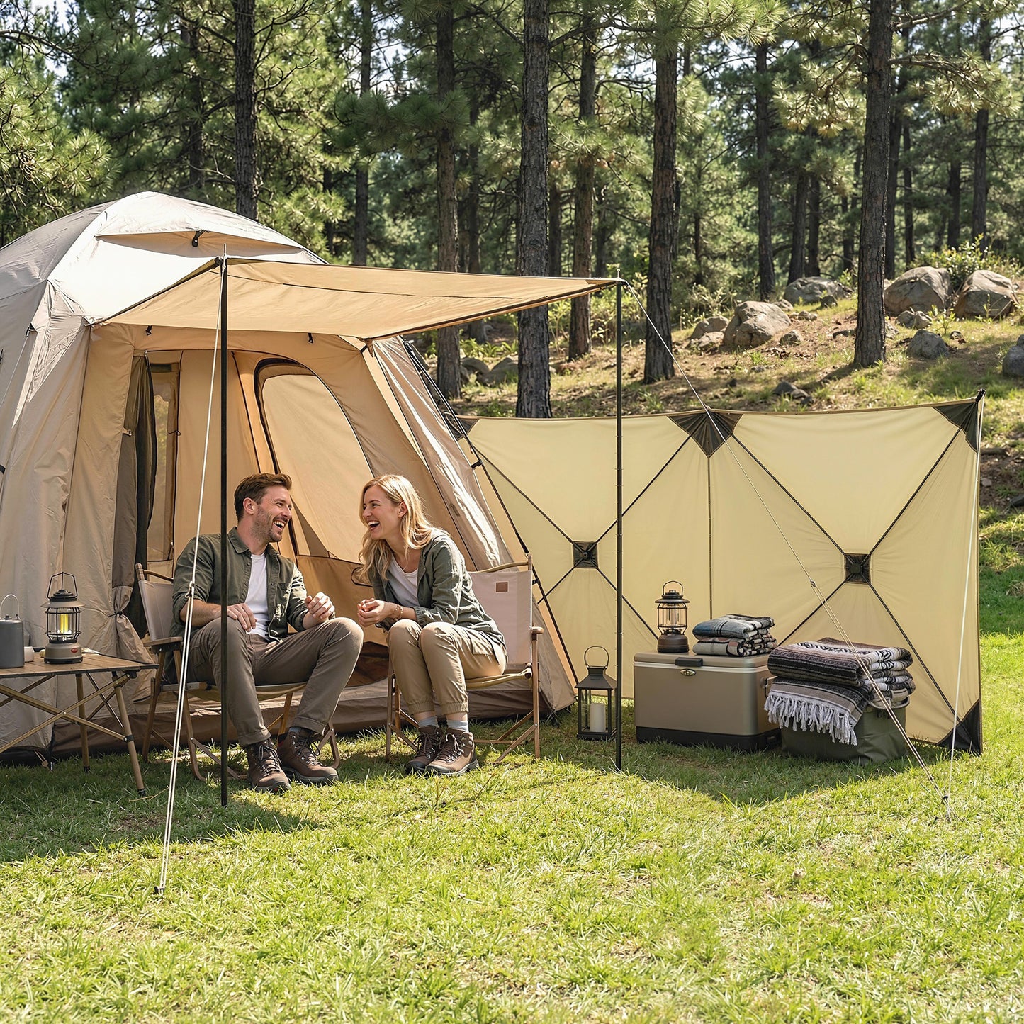 Outsunny Camping Windbreak 480 x 120cm – 4-Panel Pop-Up Wind Blocker, Level 6 Wind Resistance, PU-Coated Oxford Fabric, 3-Min Setup, 12 Stakes & 7 Guy Ropes – Khaki