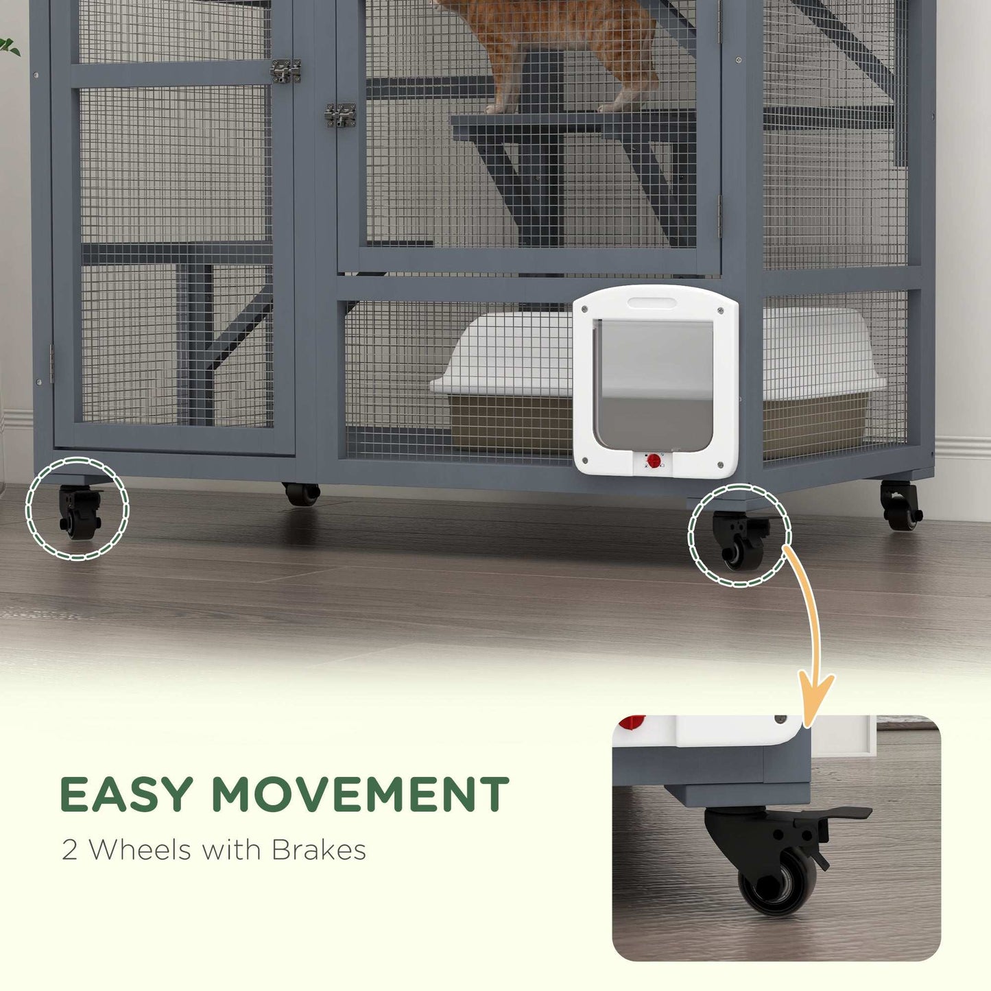 PawHut Cat Cage House, Catio Cat Outdoor Enclosure on Wheels, Weather-Resistant Wooden Kitty Cage W/ Platforms, 100L x 60W x 110Hcm - Light Grey