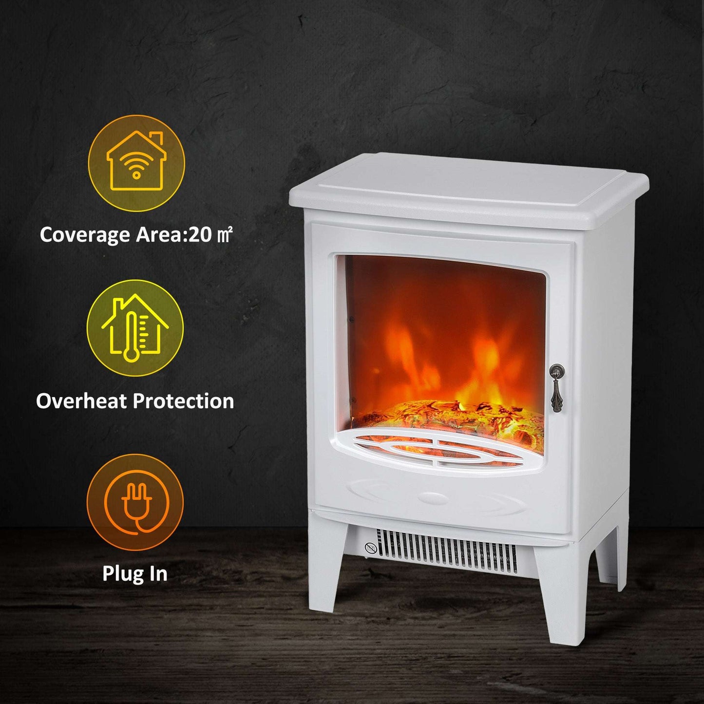 Tempered Glass Casing Electric Fireplace, Freestanding Fire with Realistic Flame Effect Log Burner with Overheat Protection, 950w/ 1850W, White