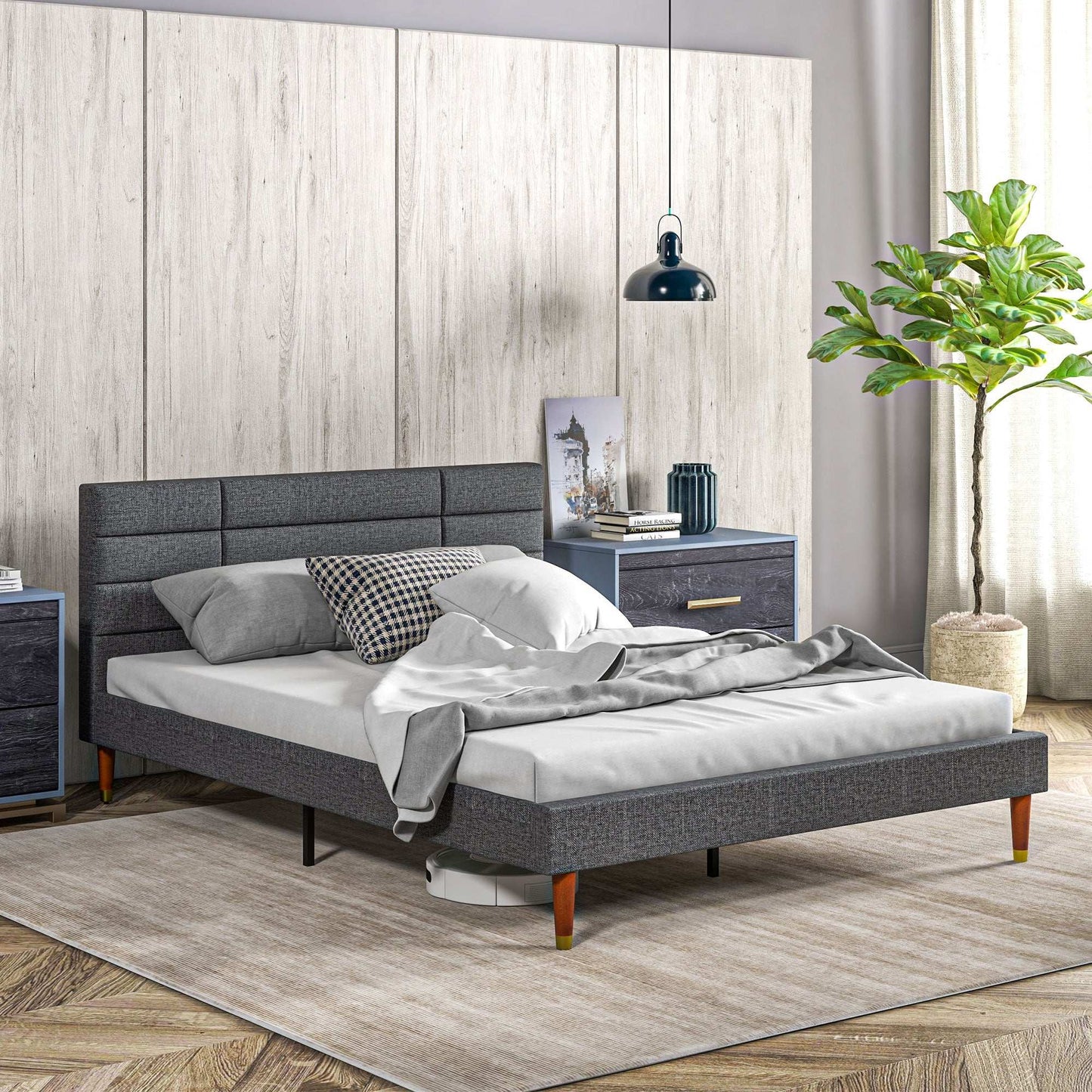 Upholstered King Bed Frame, With Slats - Grey
