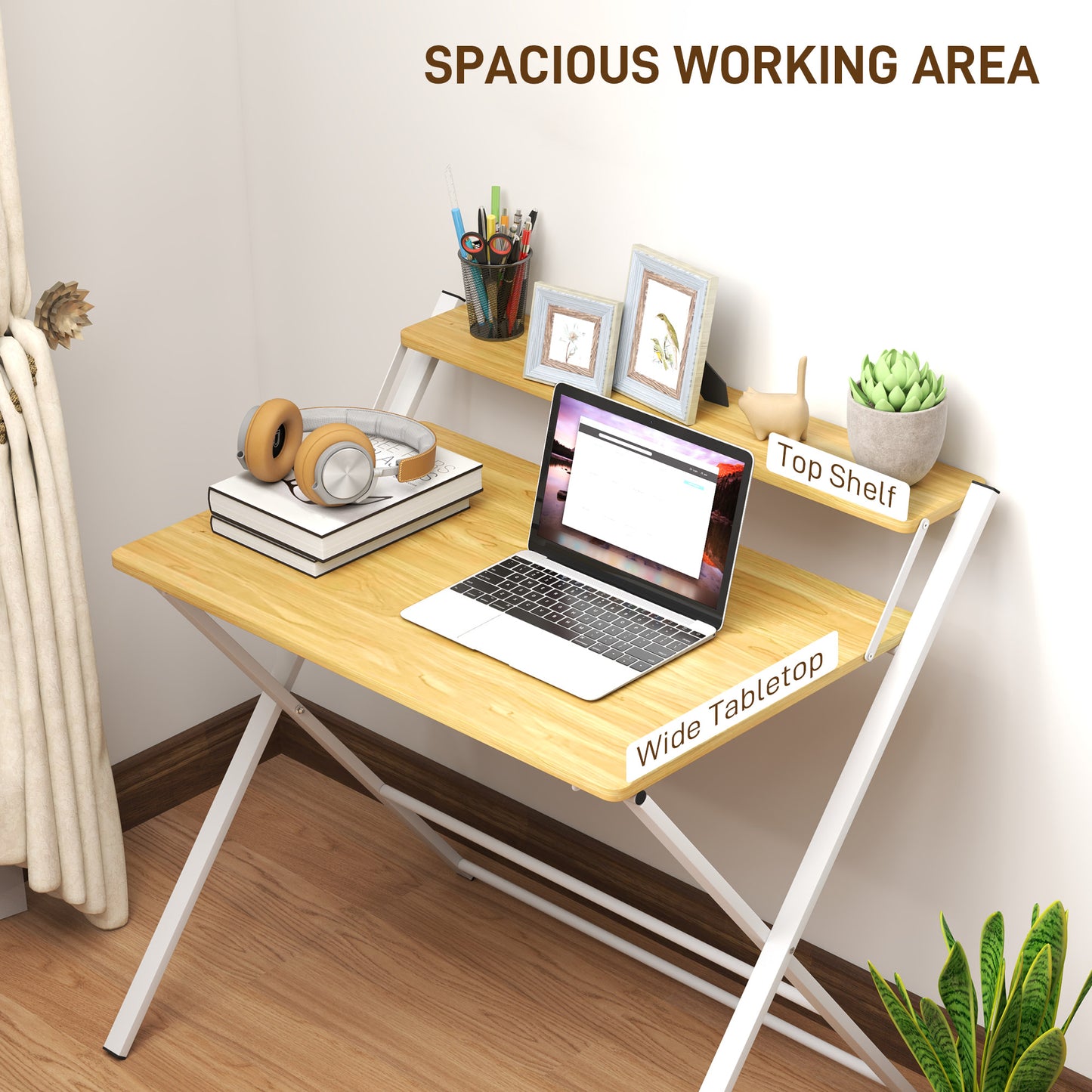 Compact Folding Desk for Small Spaces, Foldable Computer Desk W/ Storage Shelf for Home Office, 2-Tier Study Writing Table, 86 x 66 x 82 cm,