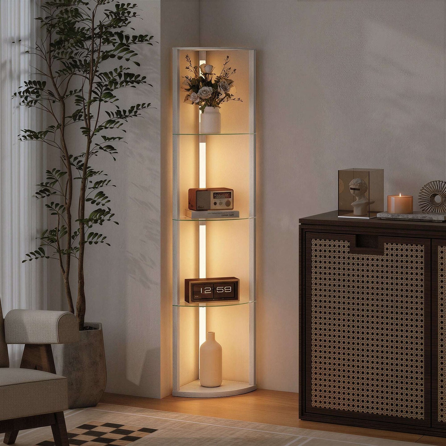 LED Floor Lamp with 5 Shelves | 3 Brightness Levels | Foot Switch | 20W 3000K | Frosted Glass Tiers | 162cm | Grey