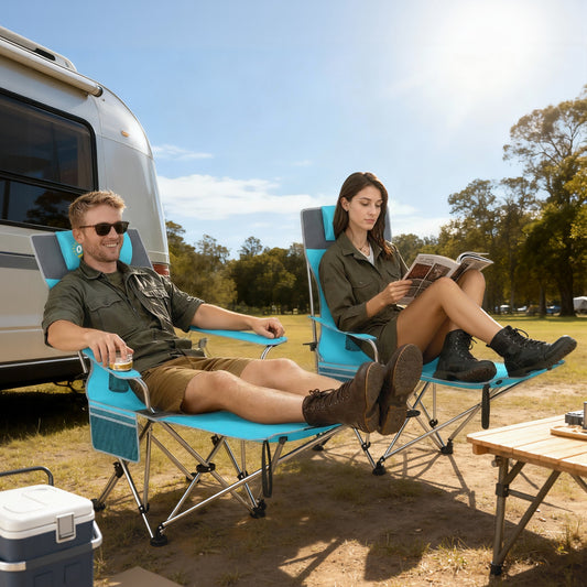 Outsunny Set of 2 Reclining Folding Camping Chairs – Detachable Footrest, Padded Headrest, Cup Holder, 600D Oxford, 120kg, Carry Bag – Blue & Grey