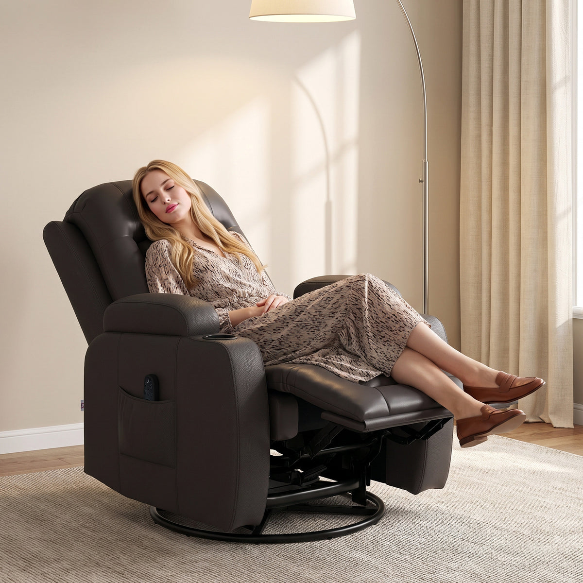 Massage Recliner Armchair | PU Leather | 8-Point Vibrating Massage | Lumbar Heat | 3 Modes & 3 Levels | Remote Control | 150° Recline | Swivel & Rocking | 2 Cup Holders & Pockets | 135kg | Dark Brown
