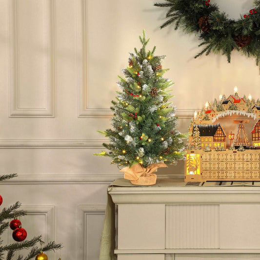 2 Pieces 3ft Prelit Artificial Christmas Tree with LED Light and 291 Tips, Concrete Base, For Tabletop with Pine Cones and Red Berries