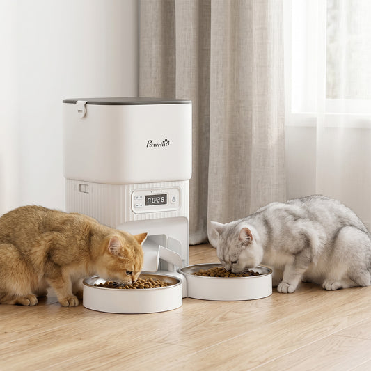 Automatic Pet Feeder | Dual Bowl | LCD Screen & Button Control | Anti-Jam | Airtight Lid | 4L / 16 Cup Tank | Dual Power | Cats & Dogs up to 15kg | White