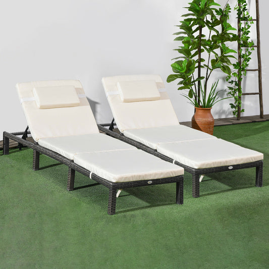 Rattan Sun Loungers Set of 2 with 5-Level Adjustable Backrest, Wicker Lounge Chairs with Padded Cushion and Headrest for Outdoors Cream White