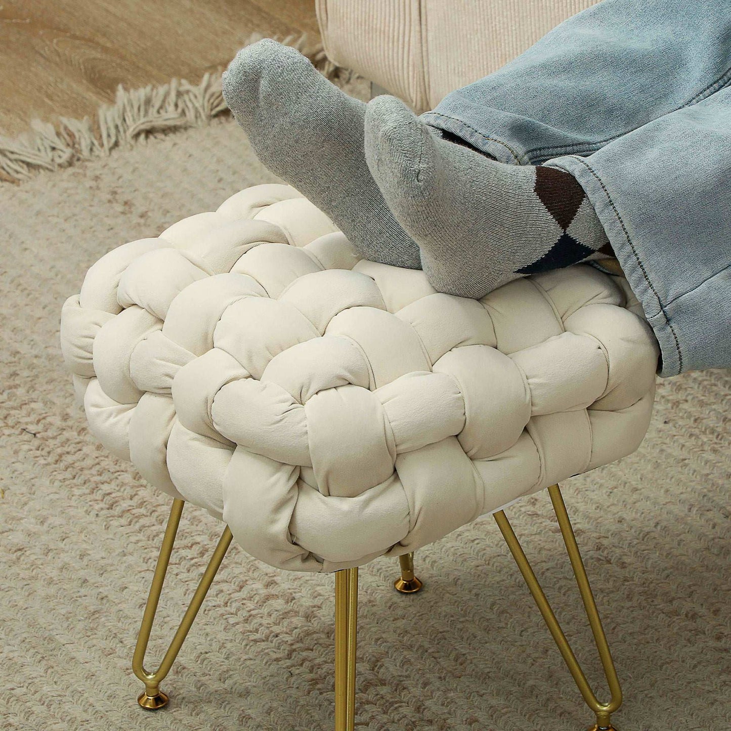 Velvet-Feel Bold Woven Footstool - Cream White