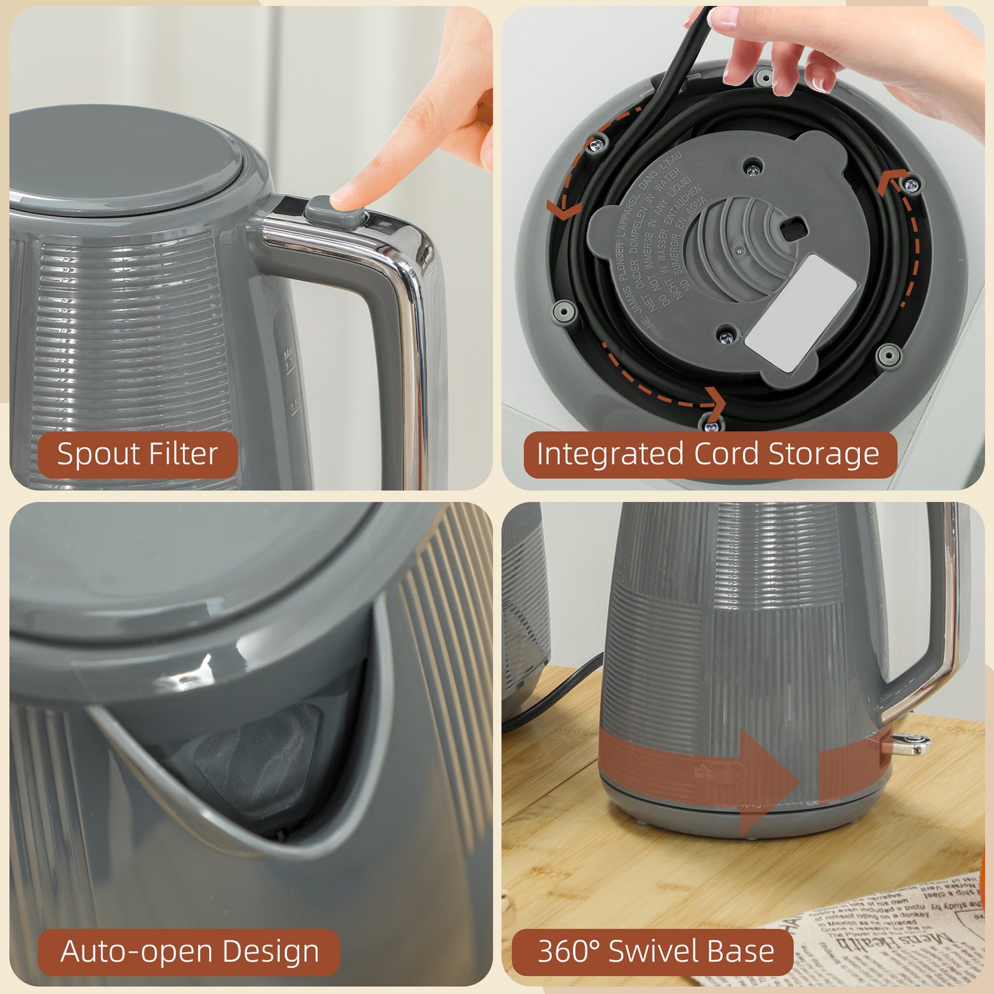 Kettle and Toaster Set, 1.7L 3000W Fast Boil Kettle & 2 Slice Toaster Kitchen Set with 7 Level Browning Controls, Defrost, Reheat, Boil, Grey