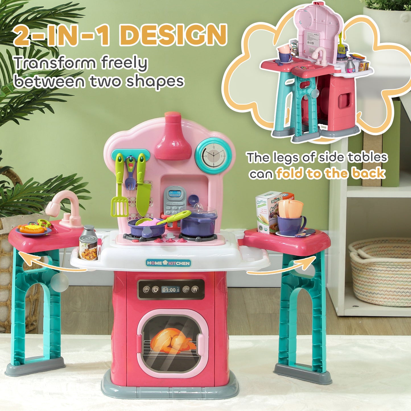 Toy Kitchen, 45 Pieces Kids Kitchen with Rotating Side Tables, Toddler Pretend Role Play W/ Light, Sounds, Spray Effect for Children 3-6 Years, Pink