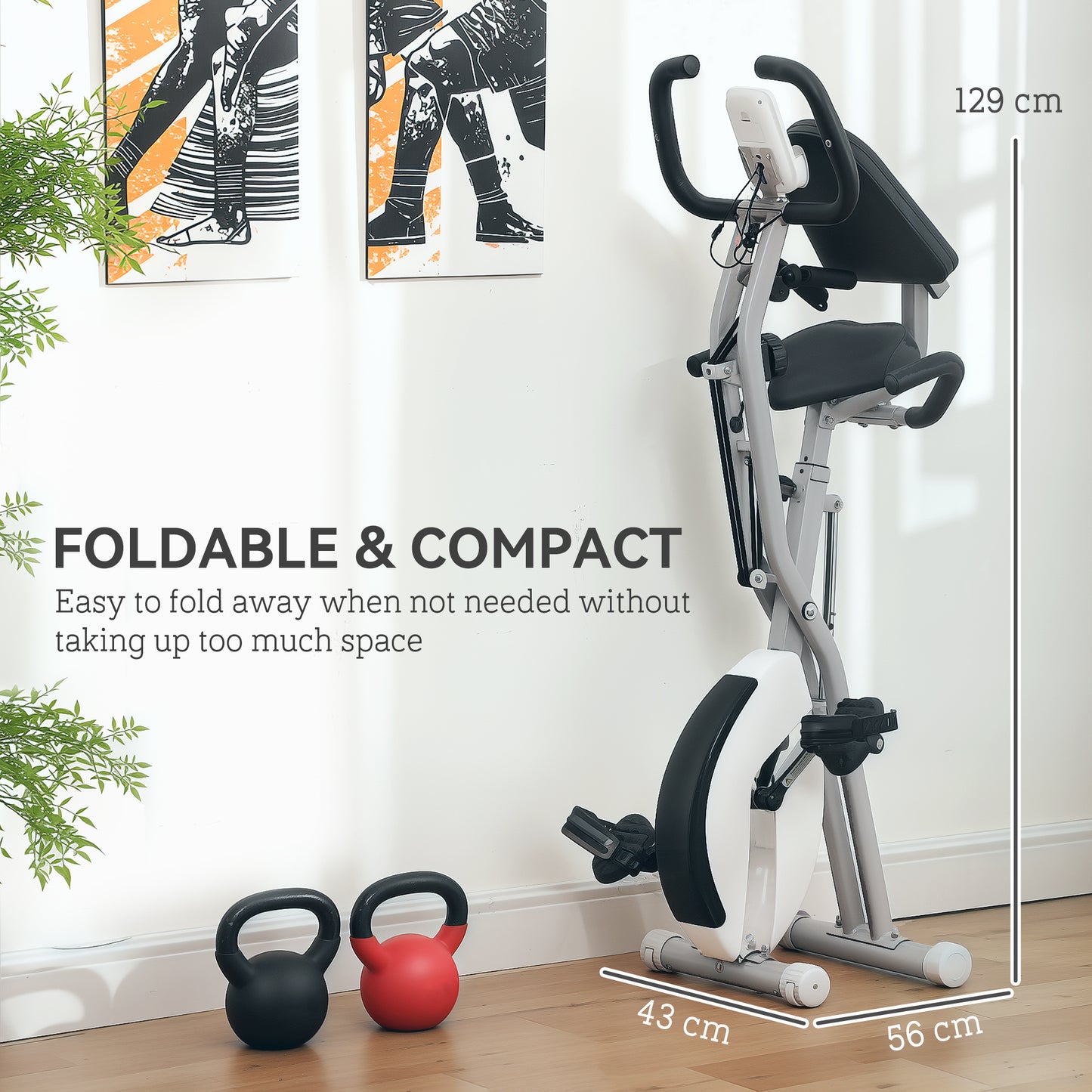 5-In-1 Folding Exercise Bike with Arm Workout Bands, Quiet 8-Level Magnetic Resistance Foldable Exercise Bike with LCD, Tablet Holder, White