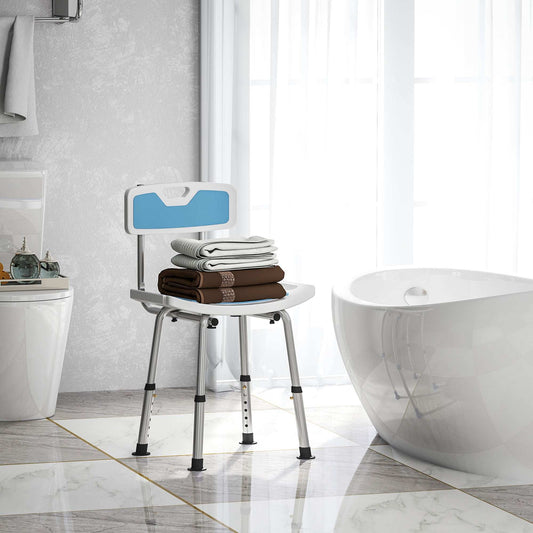 Shower Stool with Backrest, Height Adjustable Chair with Anti-slip Foot Pads And Shower Head Holder, Light Blue