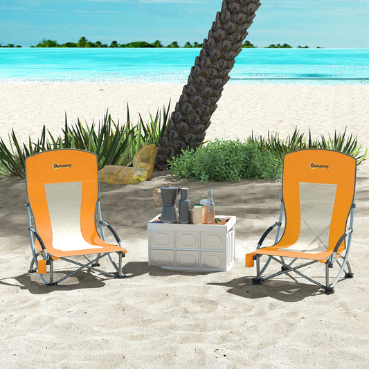 Set of 2 Folding Beach Chair, Low Camping Chair with Mesh Back, Carry Bag and Cup Holder for Garden Outdoor Picnic Festival Travel