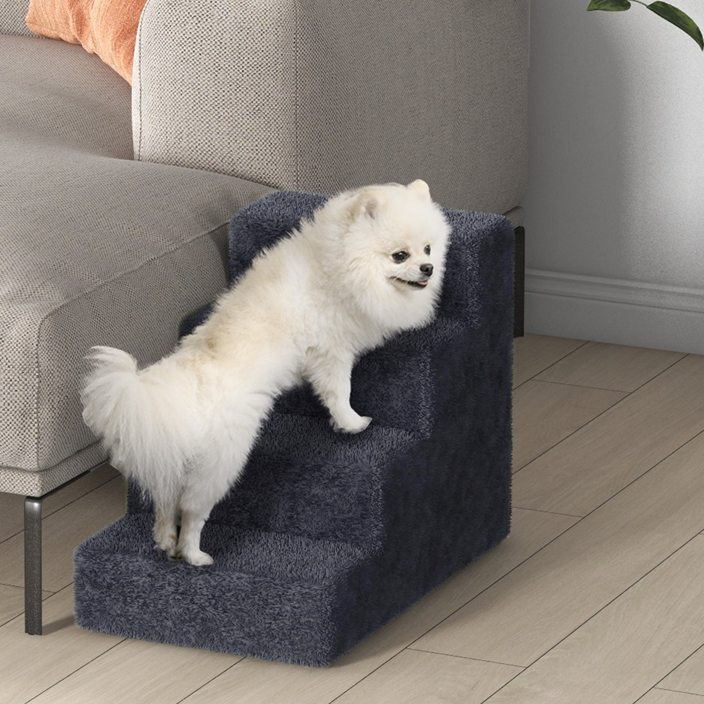Four-Step Dog Stairs, with Washable Plush Cover, for High Bed Sofa, Dog Steps for Small Dog and Cat - Dark Grey