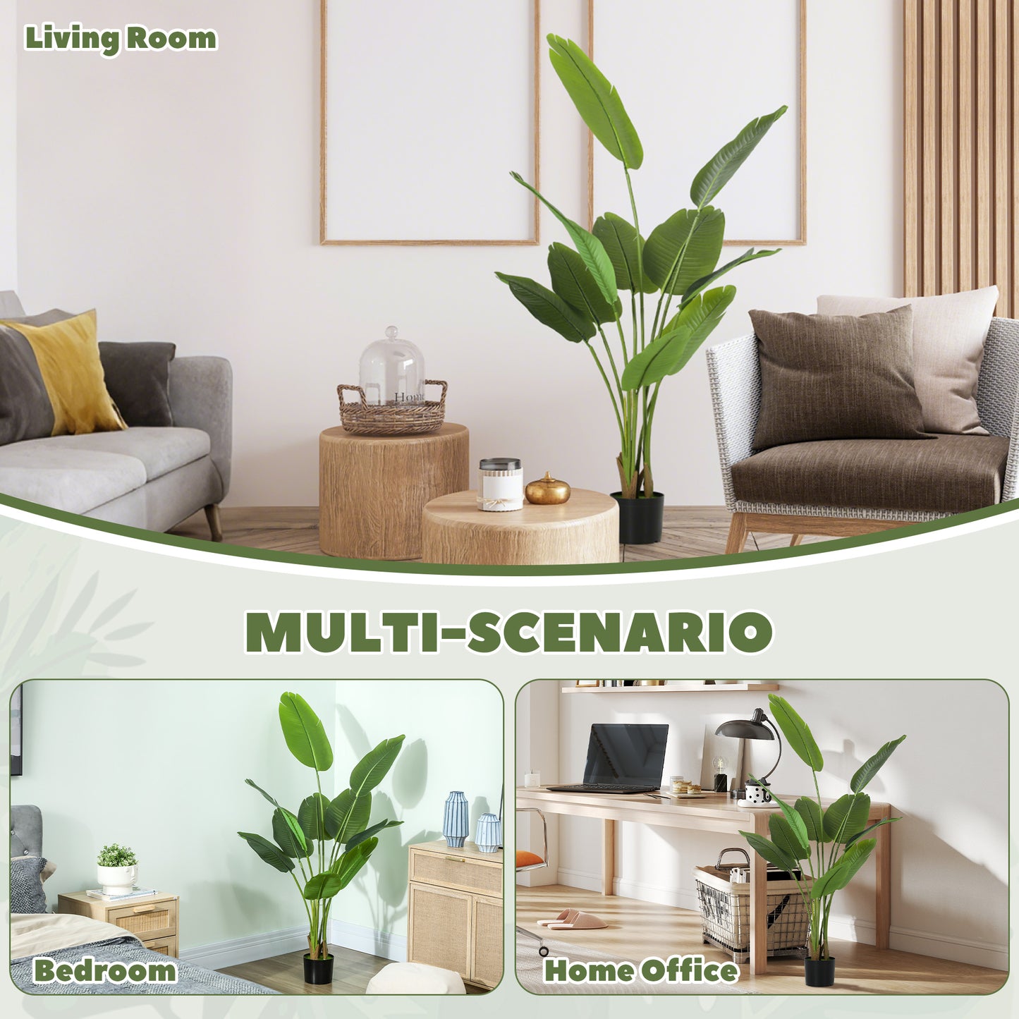 160cm Tall Artificial Bird of Paradise Plant, Faux Banana Leaf Tree with PEVA Leaves and Flocking, Decorative Palm Tree in Pot