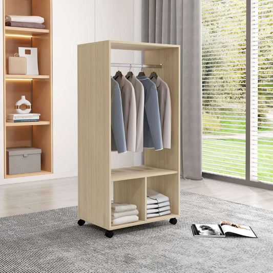 Open Wardrobe on Wheels | Clothes Hanging Rail | 2 Open Shelves | 4 Wheels 2 Lockable | 128x60x40cm | 25kg | Natural Wood Effect